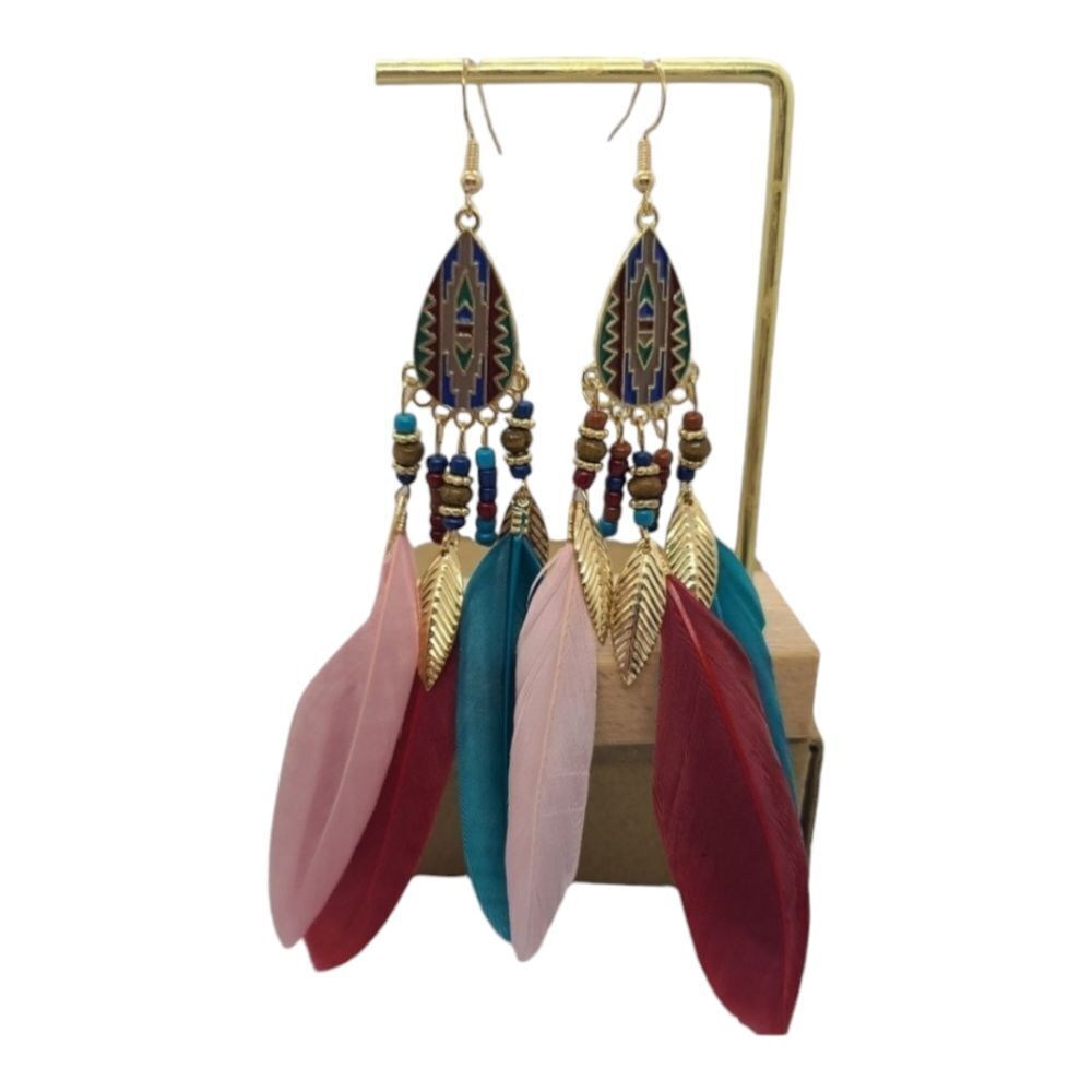 Burgundy Feather Tassel Earrings Boho Tribal Festival Dangle Gypsy Soul Rustic - Picture 6 of 7